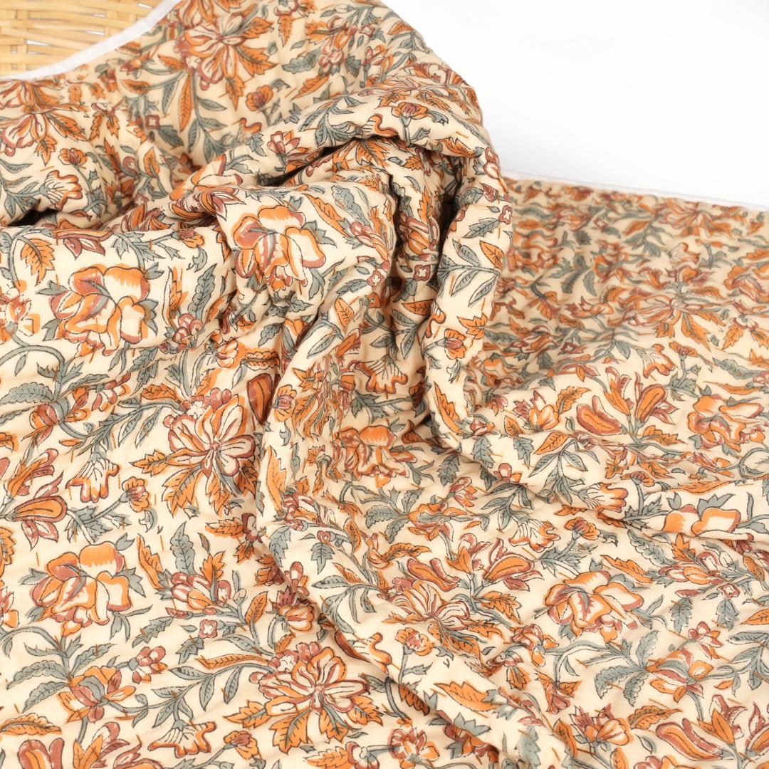 Teal Floral Quilt Block Print Bedding Farmhouse Decor Bedroom housewarming gift baby quilt Bedspread Fall Quilted Blanket Mustard blanket