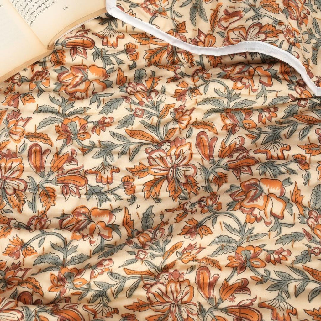 Teal Floral Quilt Block Print Bedding Farmhouse Decor Bedroom housewarming gift baby quilt Bedspread Fall Quilted Blanket Mustard blanket