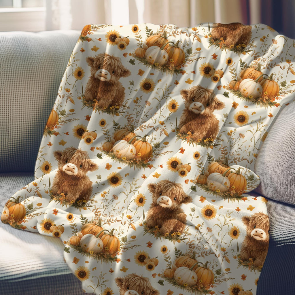 Highland Cow Fall Throw Blanket, Rustic Farm Pumpkin Velveteen or Sherpa Fleece Blanket, Cozy Autumn Couch Blanket for Farmhouse Décor
