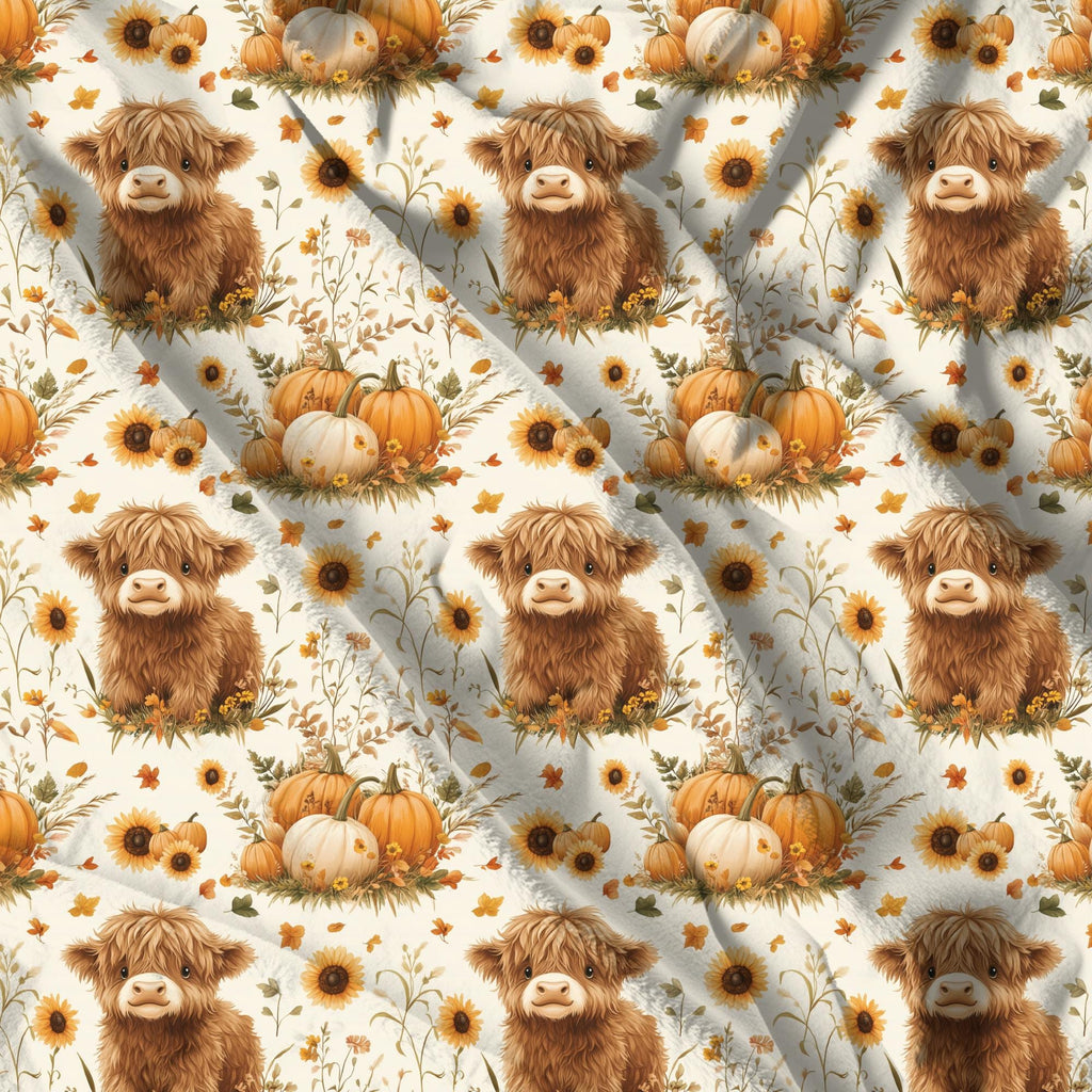 Highland Cow Fall Throw Blanket, Rustic Farm Pumpkin Velveteen or Sherpa Fleece Blanket, Cozy Autumn Couch Blanket for Farmhouse Décor