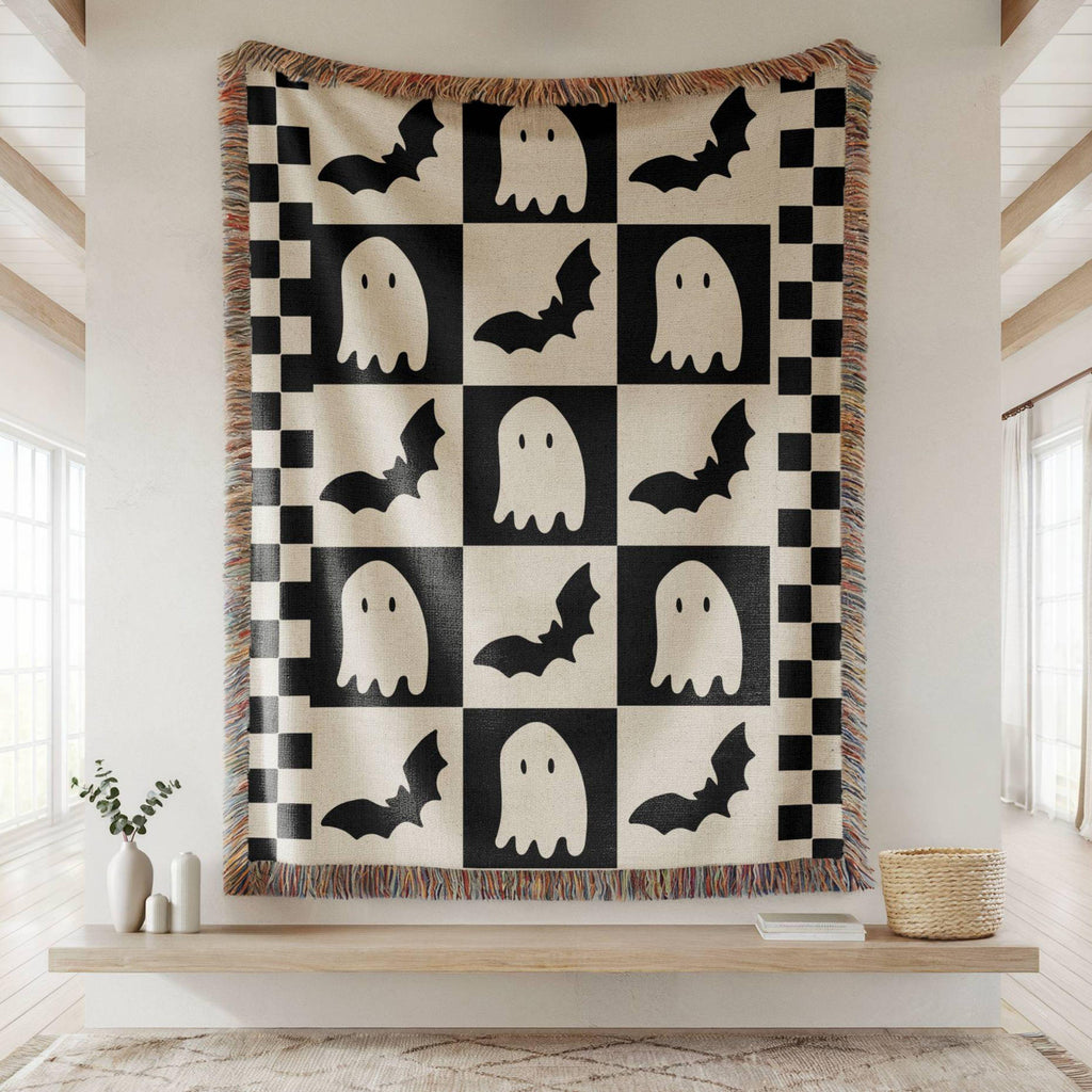 Halloween throw blanket,ghost throw blanket,Checkered blanket,cozy reading blanket,fall throw blanket,spooky season bats,autumn woven throw