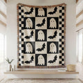 Halloween throw blanket,ghost throw blanket,Checkered blanket,cozy reading blanket,fall throw blanket,spooky season bats,autumn woven throw