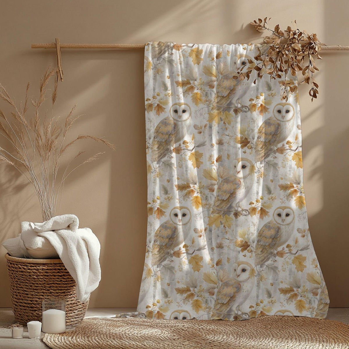 Barn Owl Birch Fall Blanket, Cozy Cottagecore Autumn Throw, Woodland Minky Fleece Throw Owl Birch Lovers Home Decor Soft Owl Nature Blanket