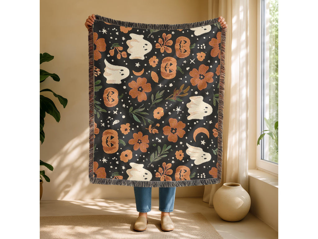 Halloween Woven Throw Blanket | Whimsical Ghosts, Pumpkins, Flowers