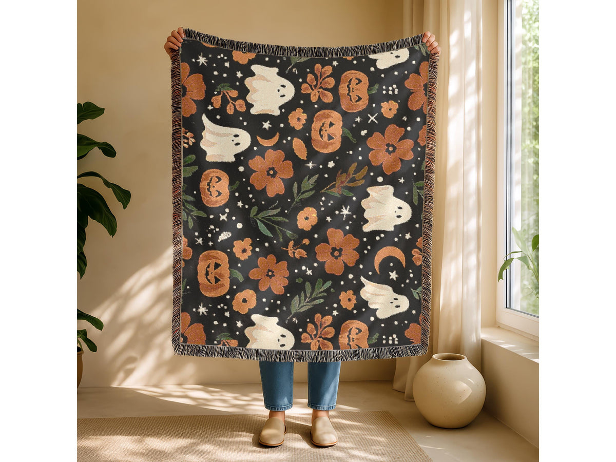 Halloween Woven Throw Blanket | Whimsical Ghosts, Pumpkins, Flowers