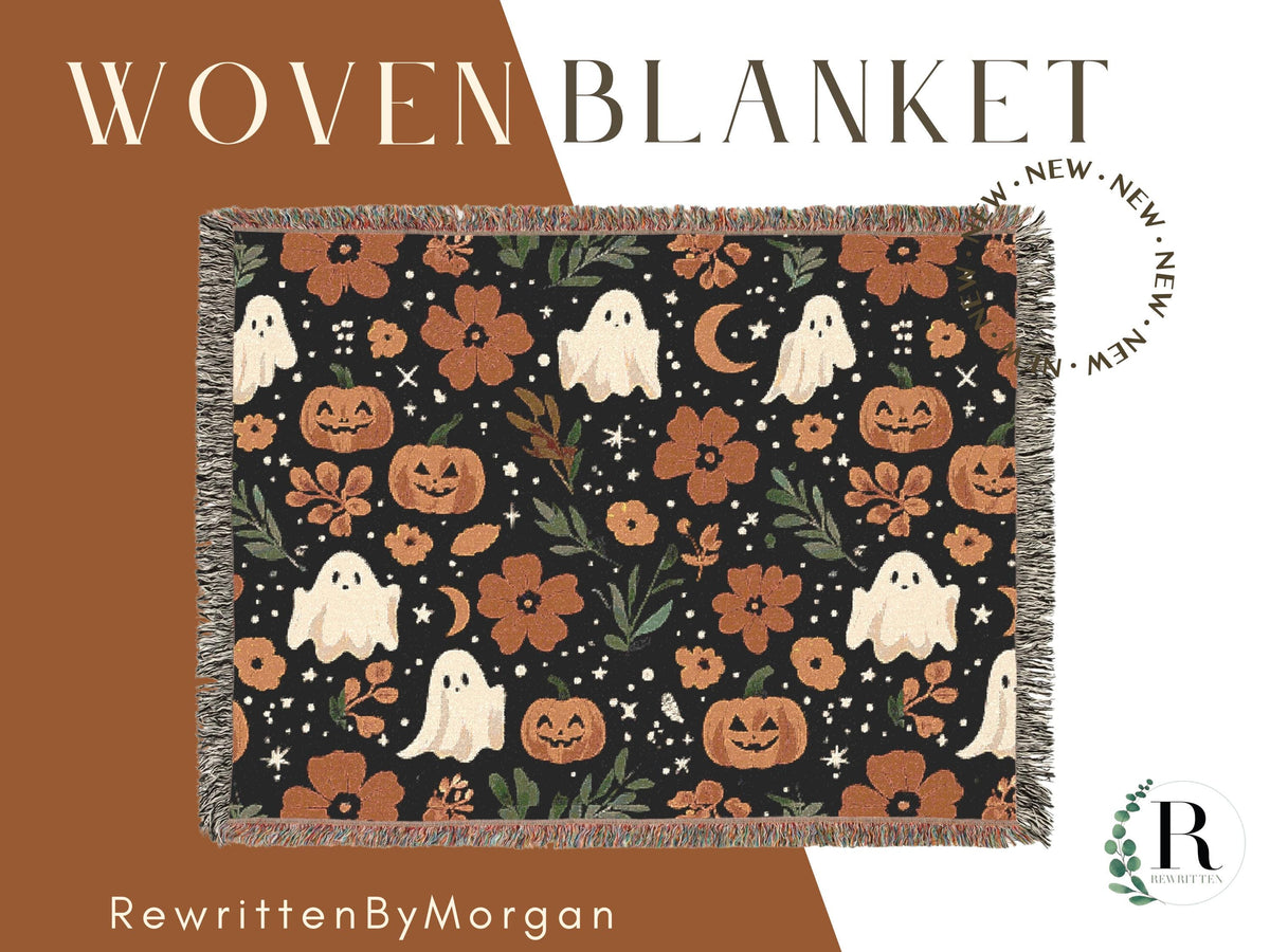 Halloween Woven Throw Blanket | Whimsical Ghosts, Pumpkins, Flowers