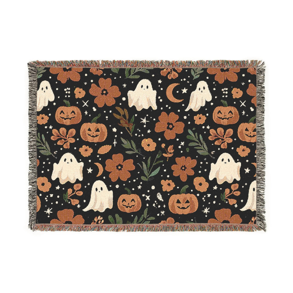 Halloween Woven Throw Blanket | Whimsical Ghosts, Pumpkins, Flowers