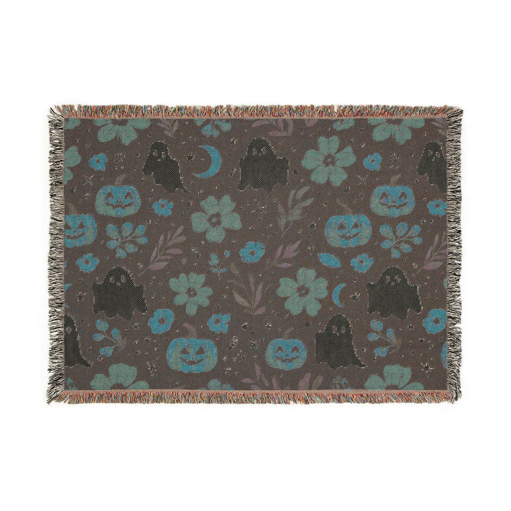 Halloween Woven Throw Blanket | Whimsical Ghosts, Pumpkins, Flowers