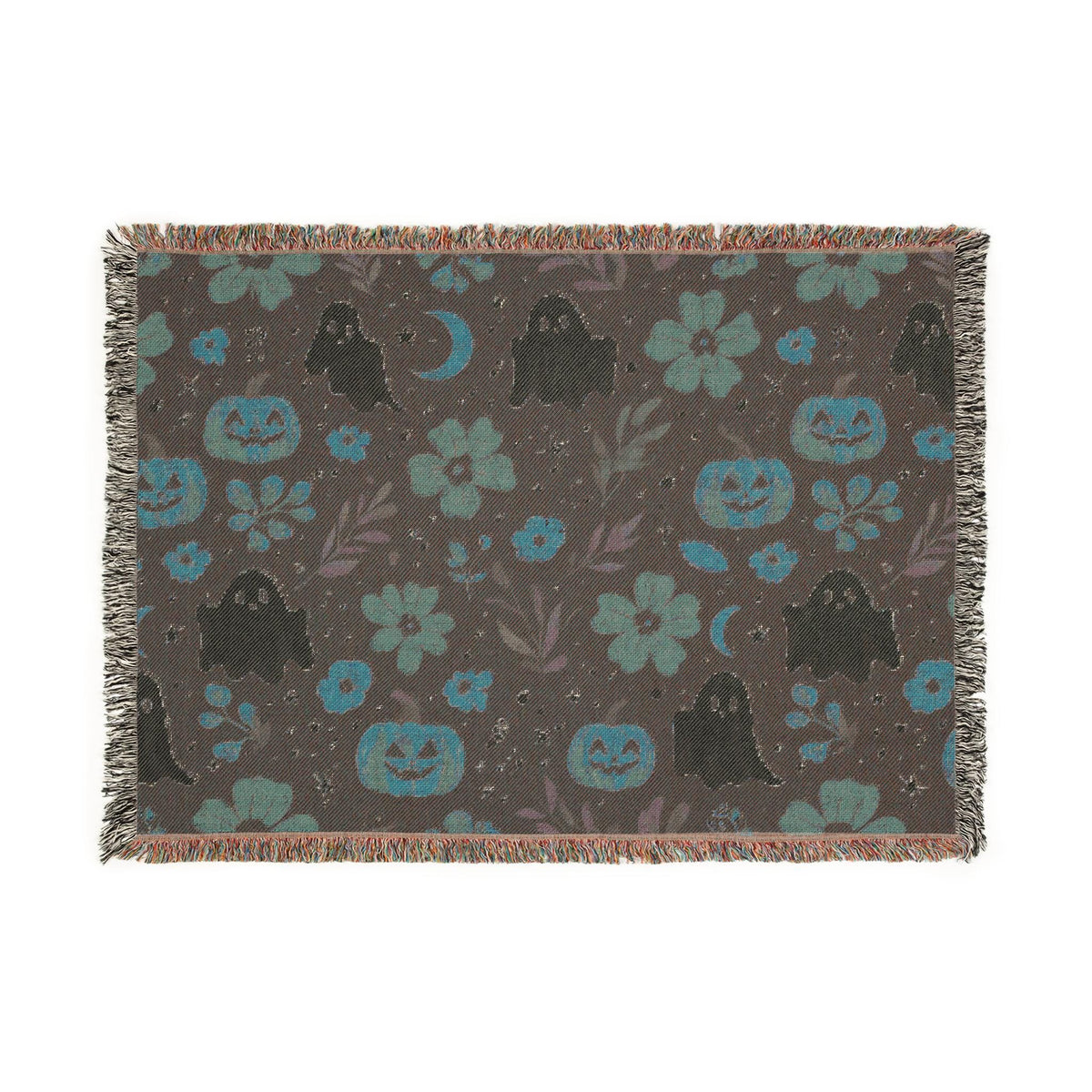 Halloween Woven Throw Blanket | Whimsical Ghosts, Pumpkins, Flowers