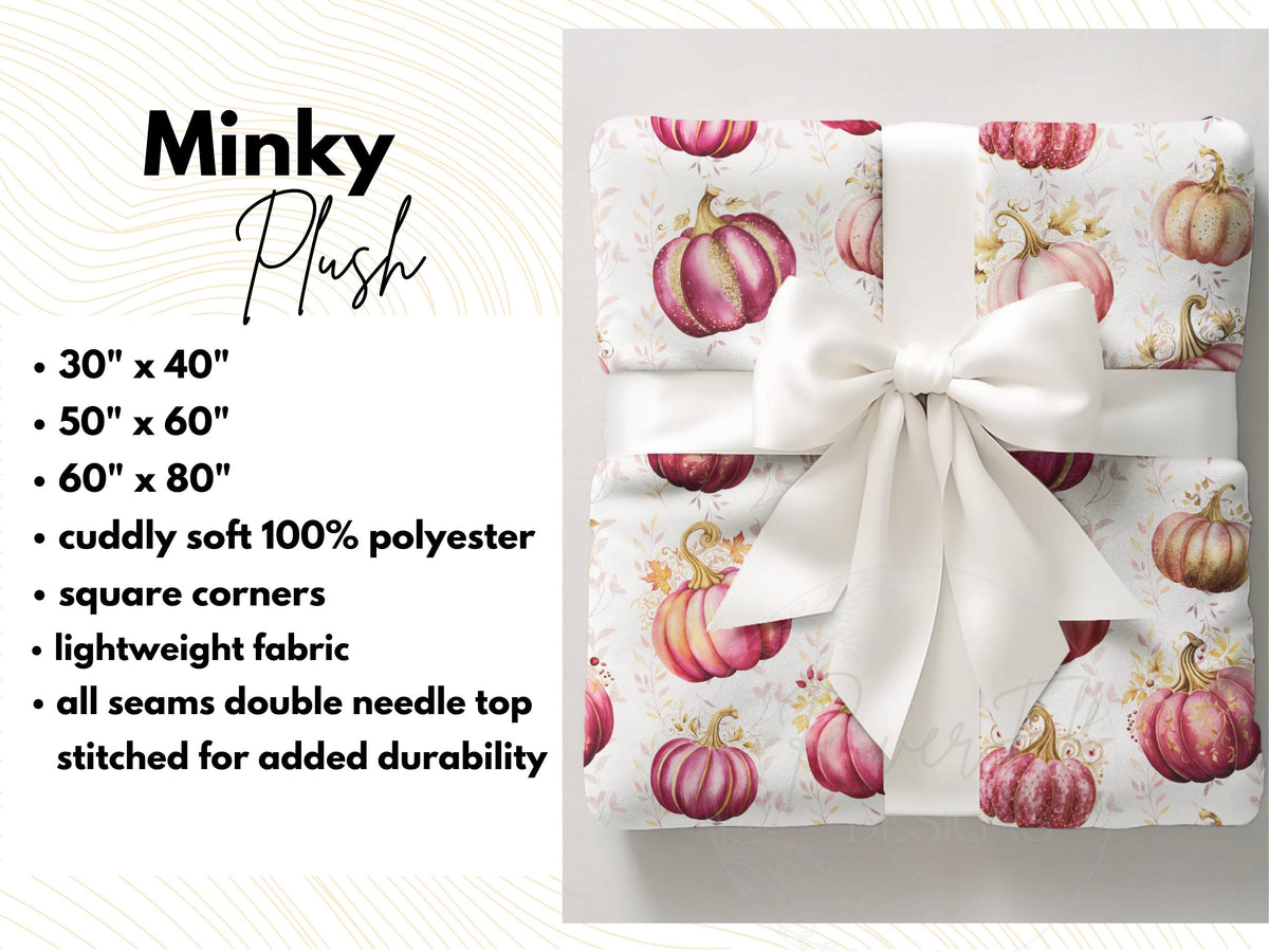 Pink Pumpkins Plush Blanket, Fall Pumpkin Throw, Thanksgiving Gift, Housewarming, Royal Gold & Pink Holiday Decor, Autumn Accent Blanket