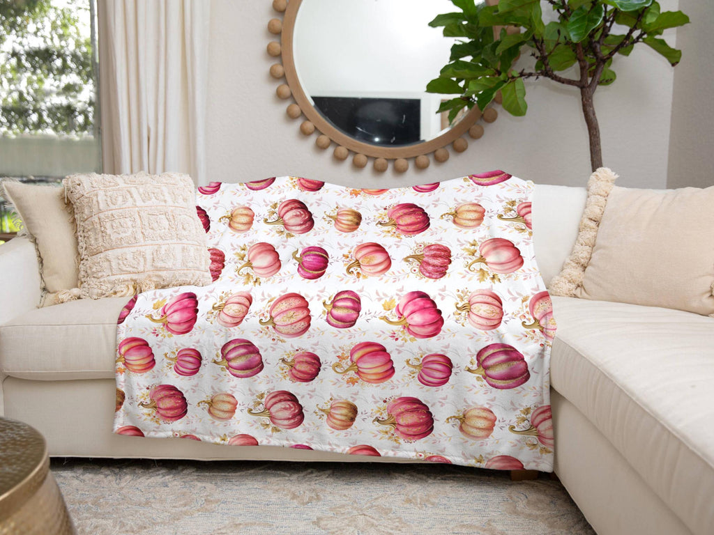 Pink Pumpkins Plush Blanket, Fall Pumpkin Throw, Thanksgiving Gift, Housewarming, Royal Gold & Pink Holiday Decor, Autumn Accent Blanket
