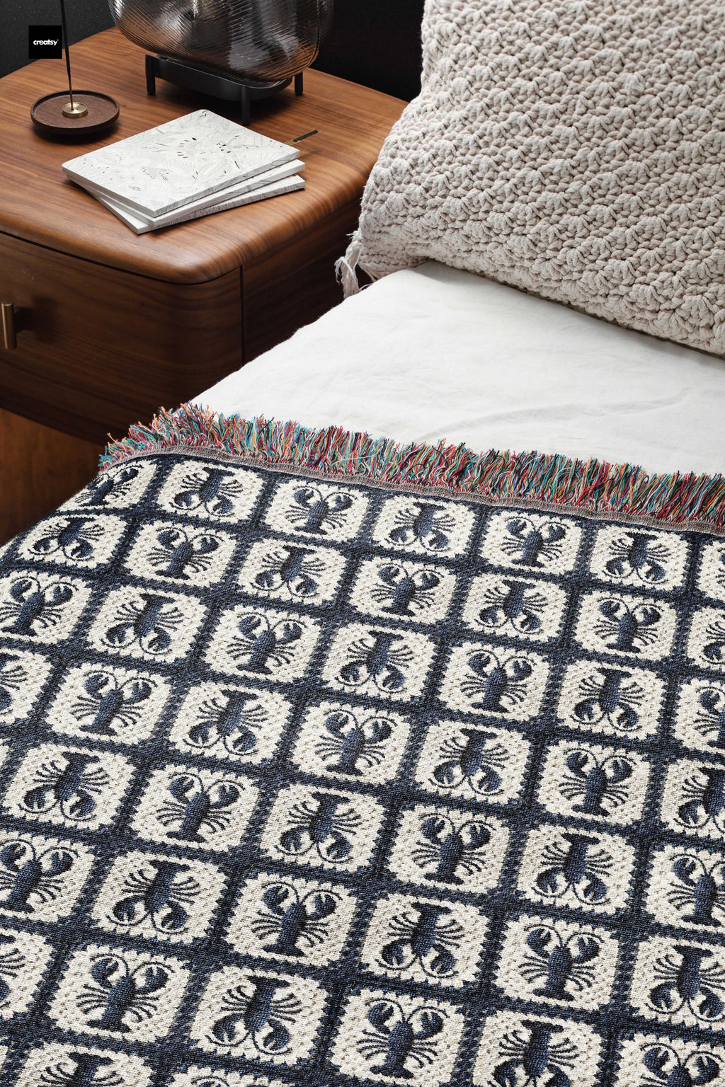 Woven Blue Lobster Granny Square Throw Blanket, Coastal Beach House Decor MADE in the USA