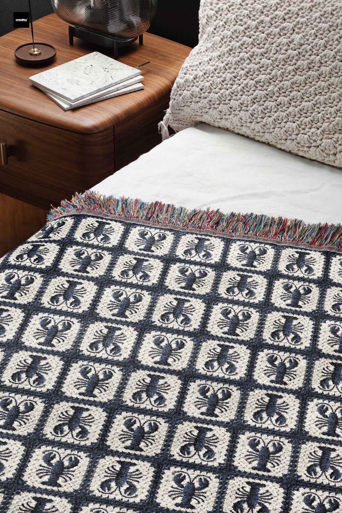 Woven Blue Lobster Granny Square Throw Blanket, Coastal Beach House Decor MADE in the USA