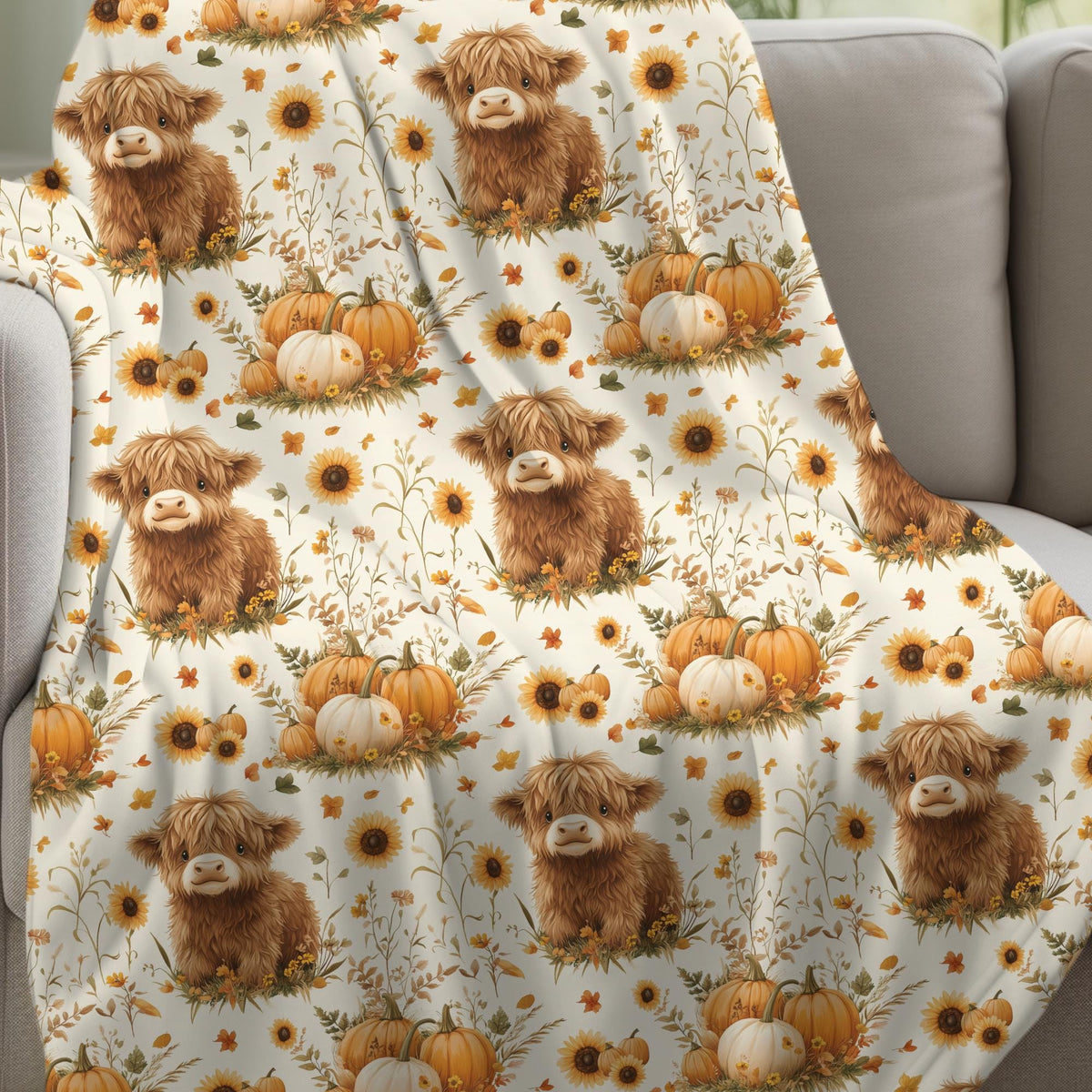 Highland Cow Fall Throw Blanket, Rustic Farm Pumpkin Velveteen or Sherpa Fleece Blanket, Cozy Autumn Couch Blanket for Farmhouse Décor