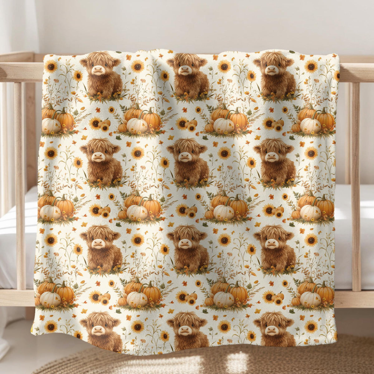 Highland Cow Fall Throw Blanket, Rustic Farm Pumpkin Velveteen or Sherpa Fleece Blanket, Cozy Autumn Couch Blanket for Farmhouse Décor