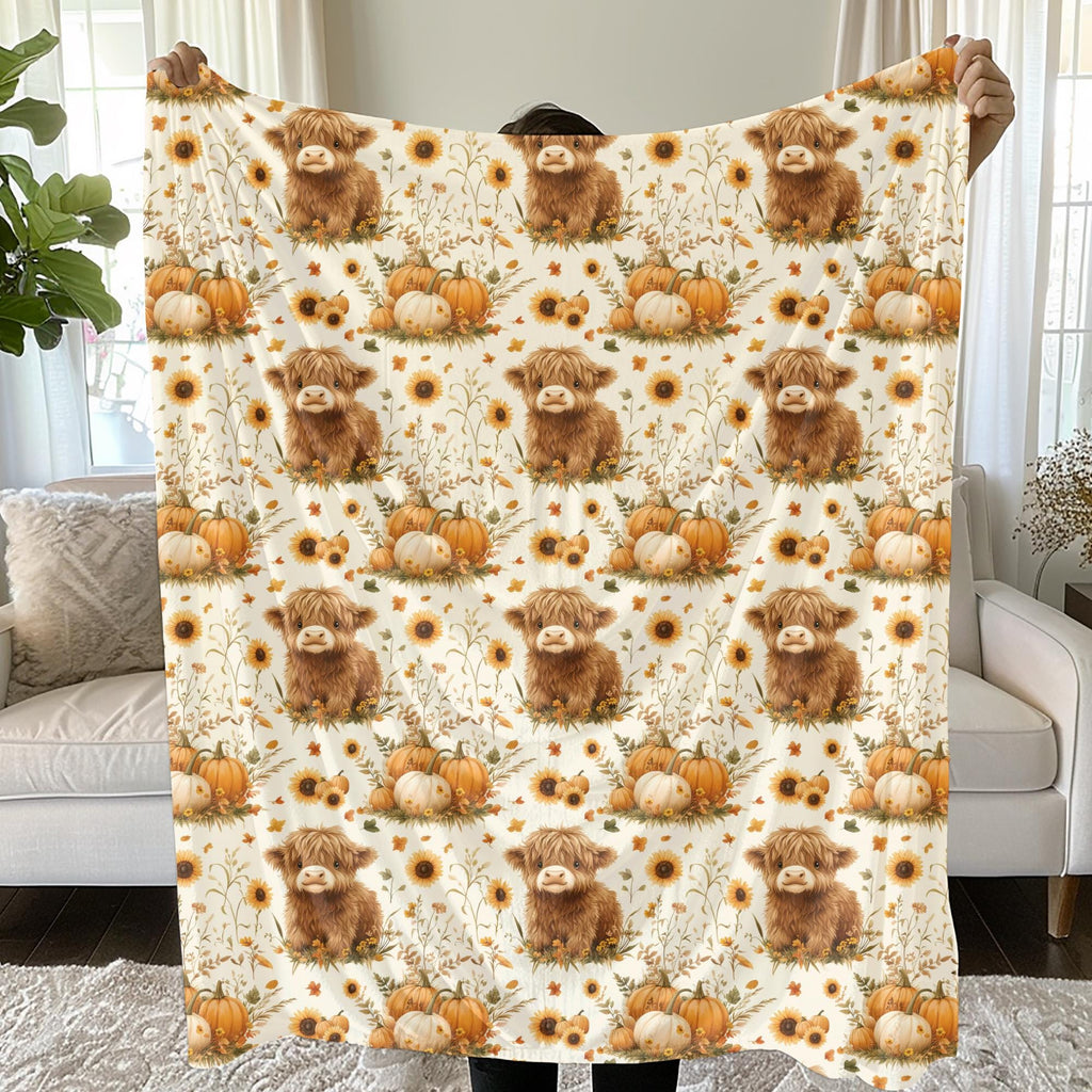 Highland Cow Fall Throw Blanket, Rustic Farm Pumpkin Velveteen or Sherpa Fleece Blanket, Cozy Autumn Couch Blanket for Farmhouse Décor