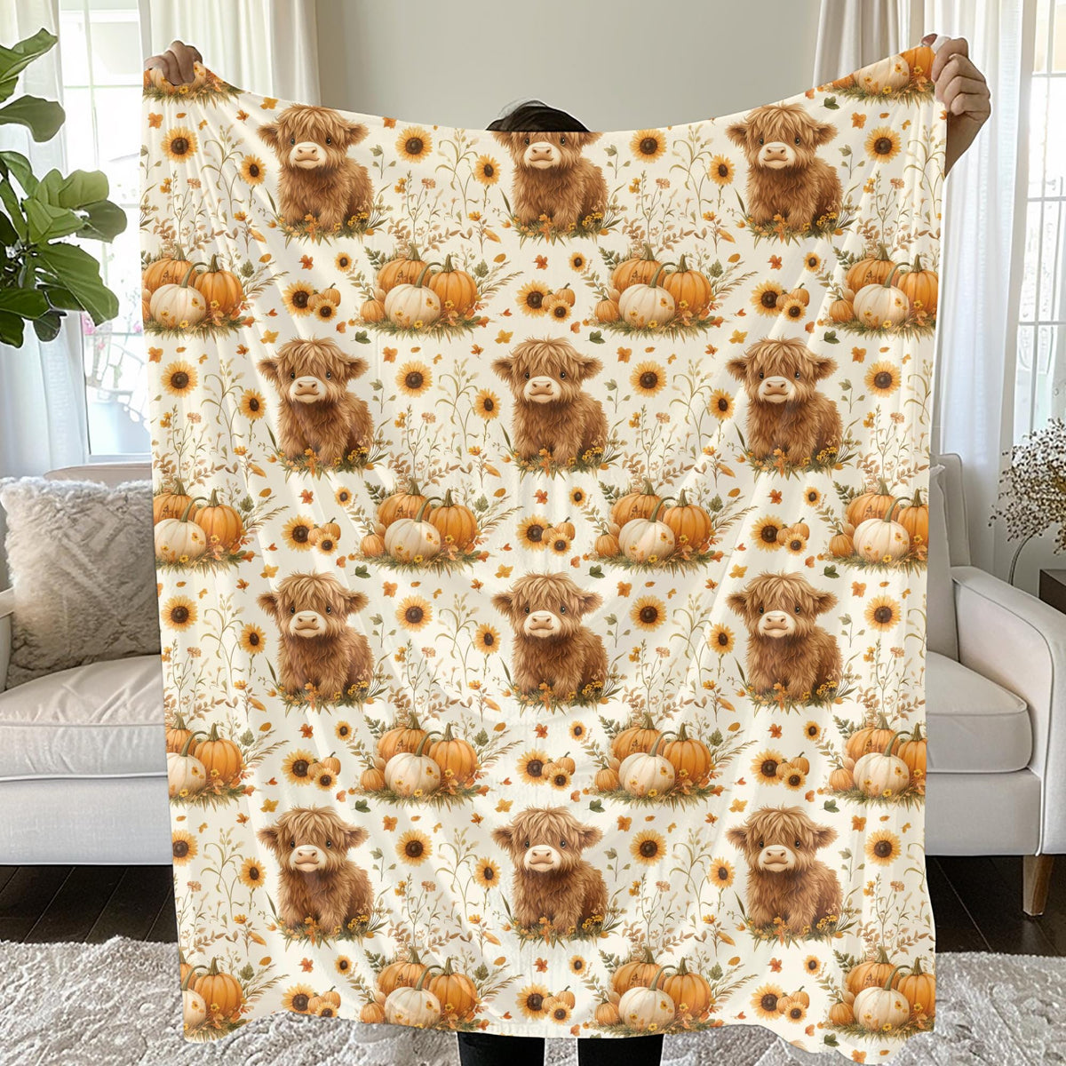 Highland Cow Fall Throw Blanket, Rustic Farm Pumpkin Velveteen or Sherpa Fleece Blanket, Cozy Autumn Couch Blanket for Farmhouse Décor