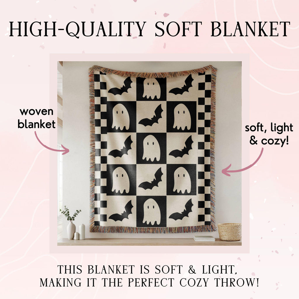 Halloween throw blanket,ghost throw blanket,Checkered blanket,cozy reading blanket,fall throw blanket,spooky season bats,autumn woven throw