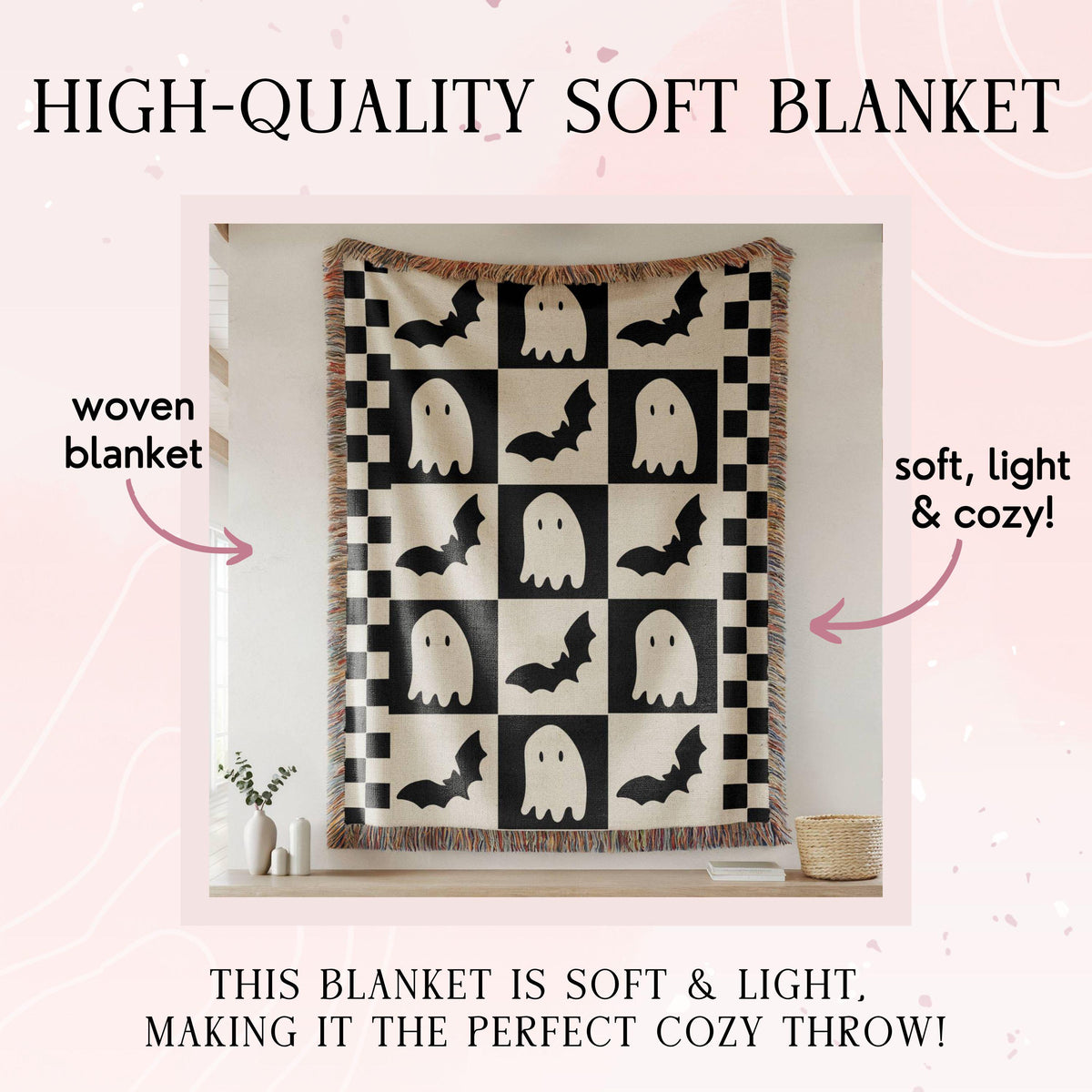 Halloween throw blanket,ghost throw blanket,Checkered blanket,cozy reading blanket,fall throw blanket,spooky season bats,autumn woven throw