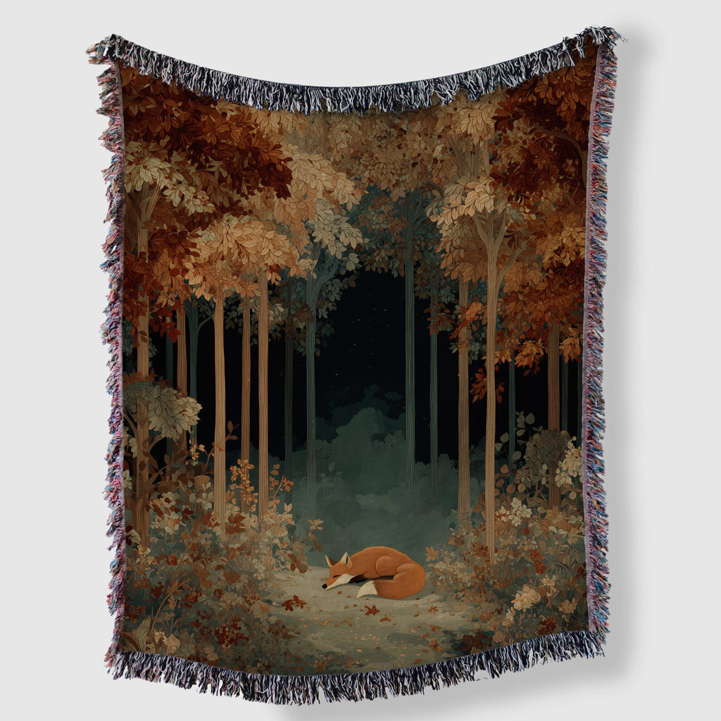 Autumn Forest Woven Blanket: Fall Leaves & Fox - Nature Home Decor