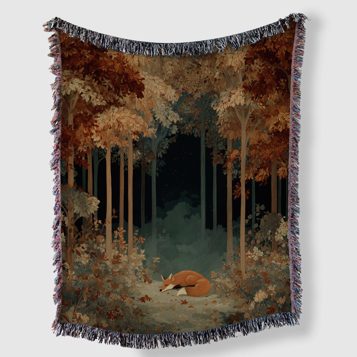 Autumn Forest Woven Blanket: Fall Leaves & Fox - Nature Home Decor