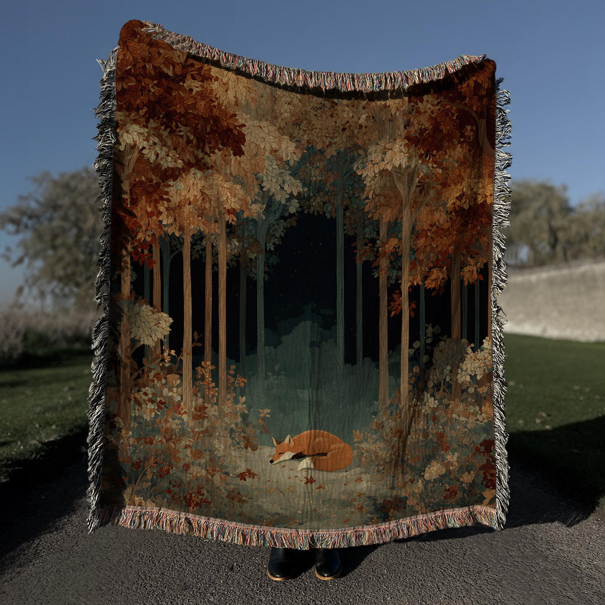 Autumn Forest Woven Blanket: Fall Leaves & Fox - Nature Home Decor