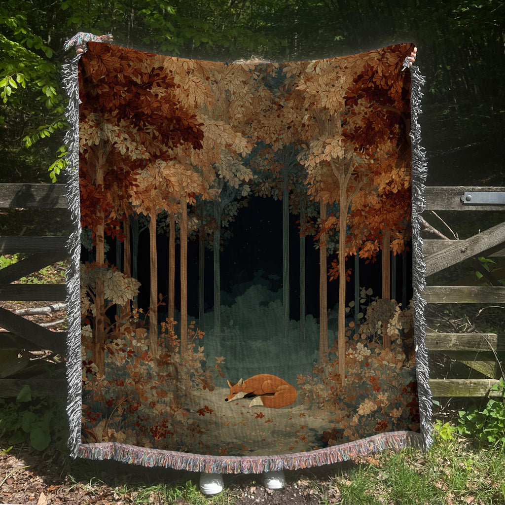 Autumn Forest Woven Blanket: Fall Leaves & Fox - Nature Home Decor