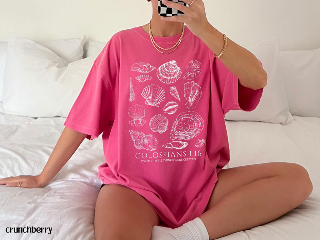 Seashell Bible Verse Shirt, Ocean Life Coastal Aesthetic, Women Faith Apparel, Comfort Colors Oversized Beach Tee, Baptism Teen Girl Gift
