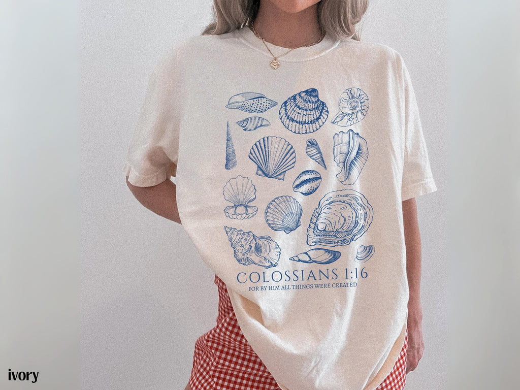 Seashell Bible Verse Shirt, Ocean Life Coastal Aesthetic, Women Faith Apparel, Comfort Colors Oversized Beach Tee, Baptism Teen Girl Gift