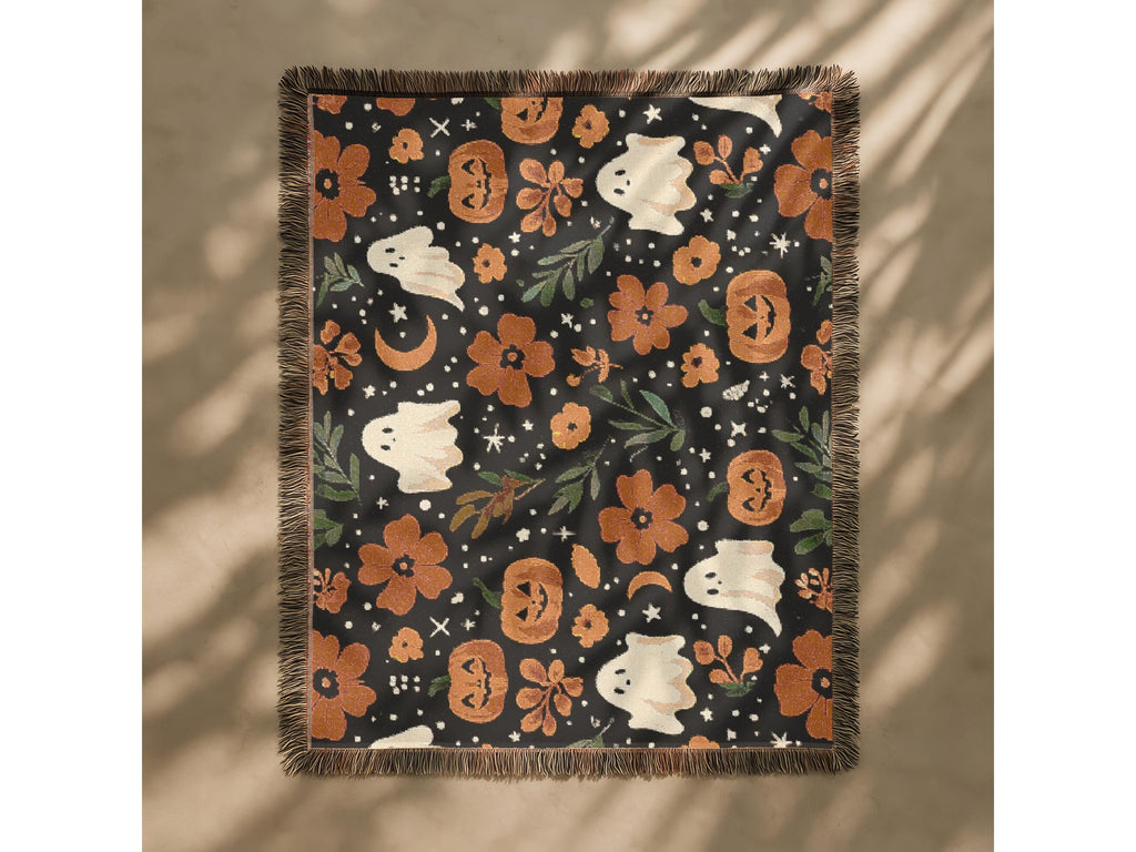 Halloween Woven Throw Blanket | Whimsical Ghosts, Pumpkins, Flowers