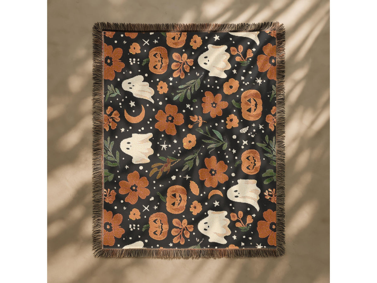 Halloween Woven Throw Blanket | Whimsical Ghosts, Pumpkins, Flowers