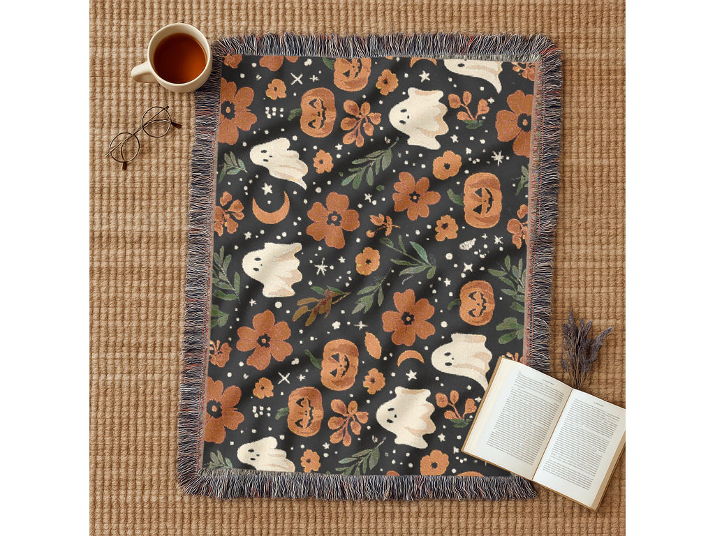 Halloween Woven Throw Blanket | Whimsical Ghosts, Pumpkins, Flowers