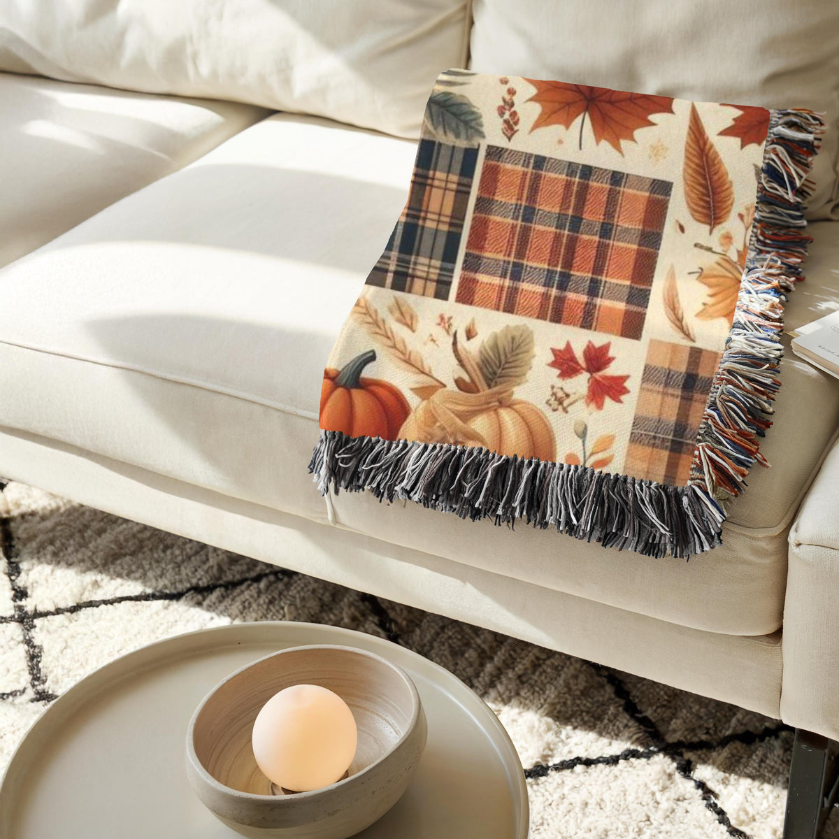 Fall Plaid Patchwork Woven Throw Blanket, Fall Pumpkin Blanket, Cozy Fall Blanket, Plaid Sofa Throw, Fall Aesthetic Home Decor, Rustic Fall