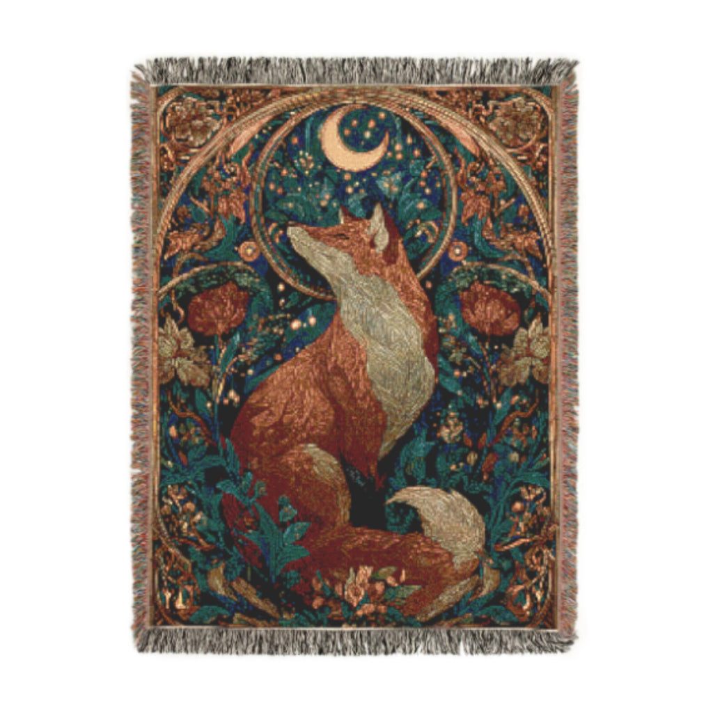 Celestial Fox 100% Cotton Woven Throw Blanket, Enchanted Forest Animal Tapestry, Whimsical Cottagecore Decor