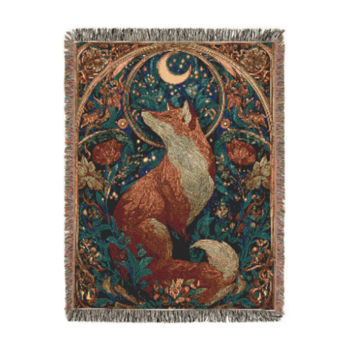 Celestial Fox 100% Cotton Woven Throw Blanket, Enchanted Forest Animal Tapestry, Whimsical Cottagecore Decor