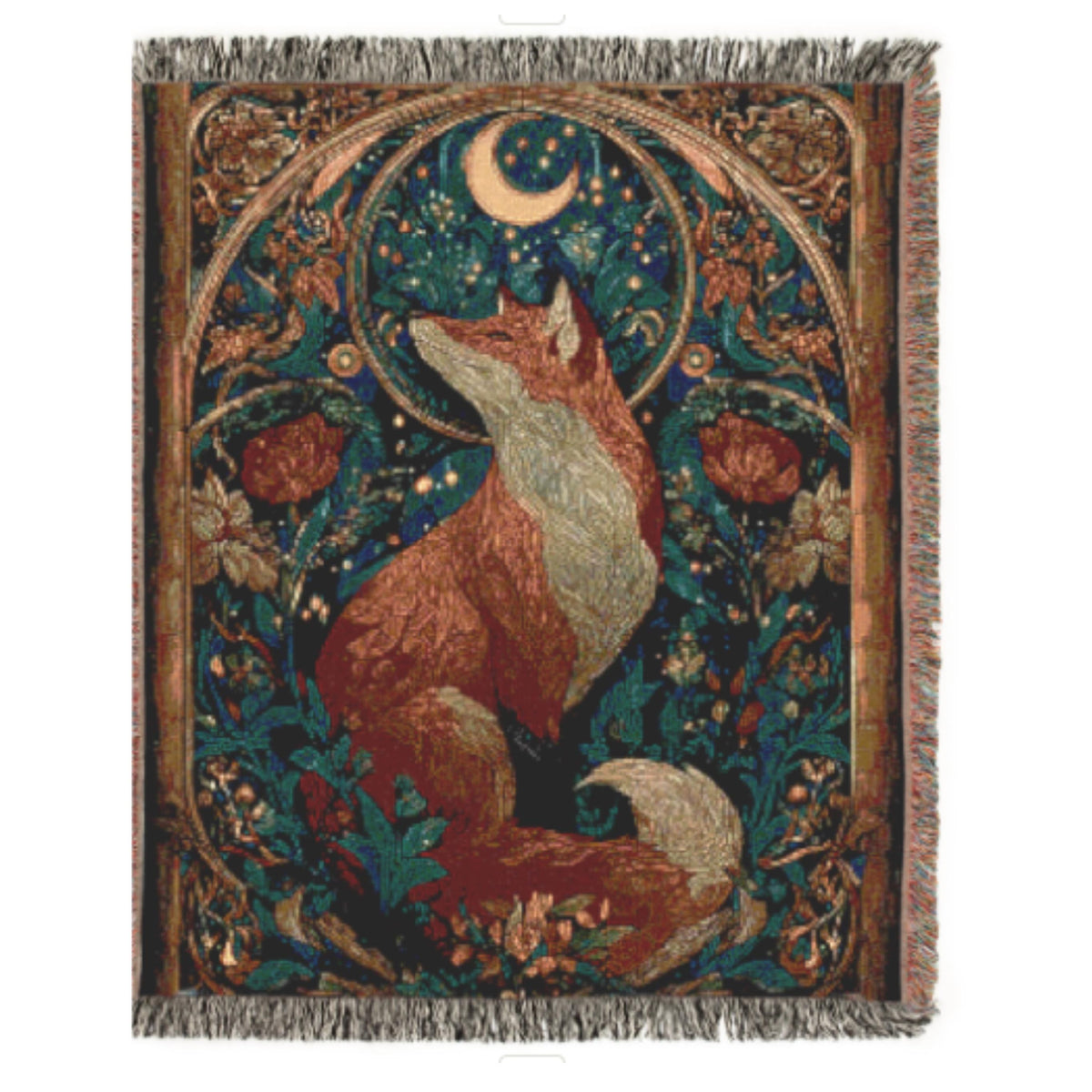 Celestial Fox 100% Cotton Woven Throw Blanket, Enchanted Forest Animal Tapestry, Whimsical Cottagecore Decor