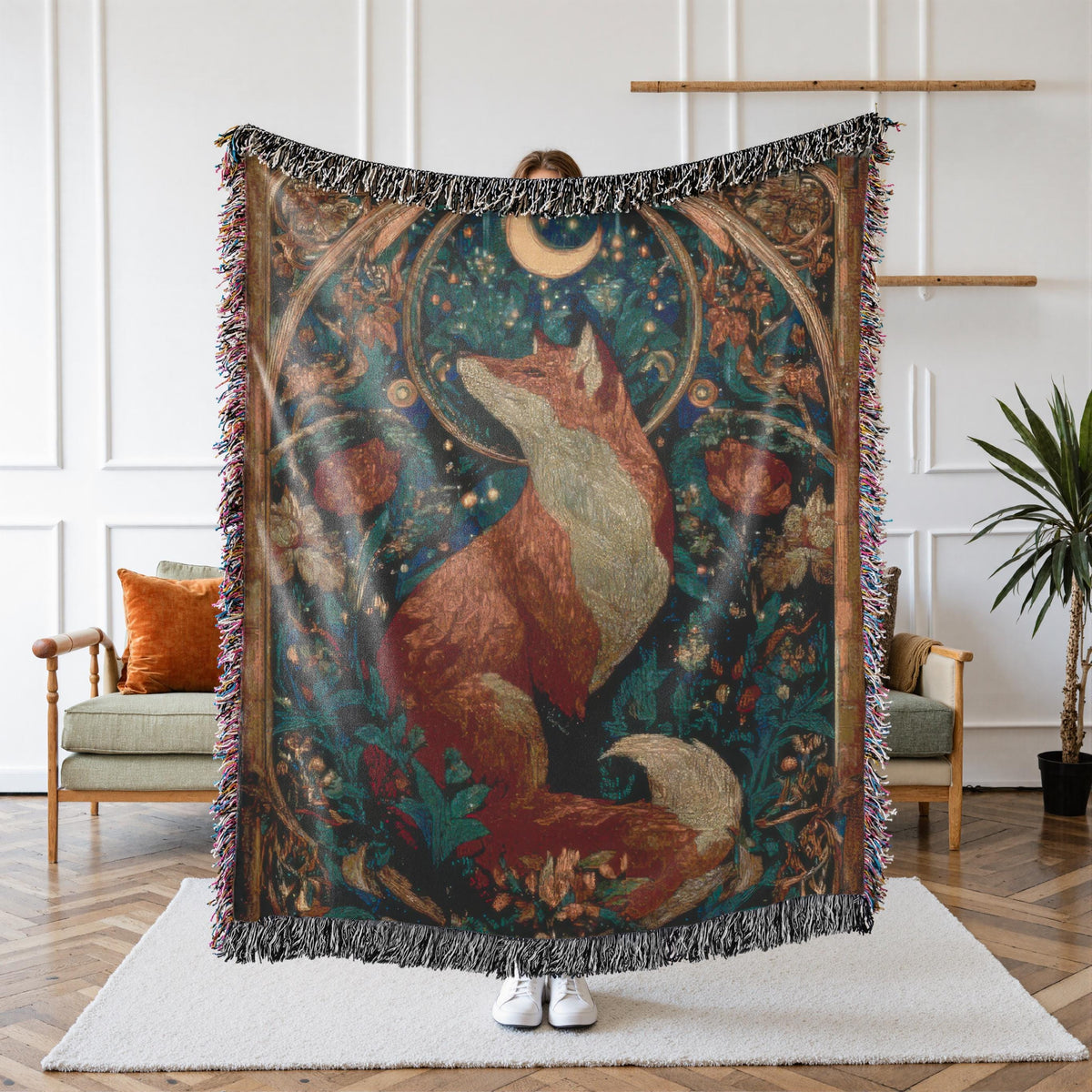 Celestial Fox 100% Cotton Woven Throw Blanket, Enchanted Forest Animal Tapestry, Whimsical Cottagecore Decor