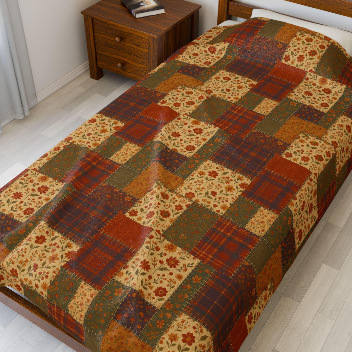 Lightweight Printed Patchwork Plush Blanket, Fall Quilt Style Throw, Rustic Autumn Plaid Floral Blanket, Cozy Farmhouse Thanksgiving Decor