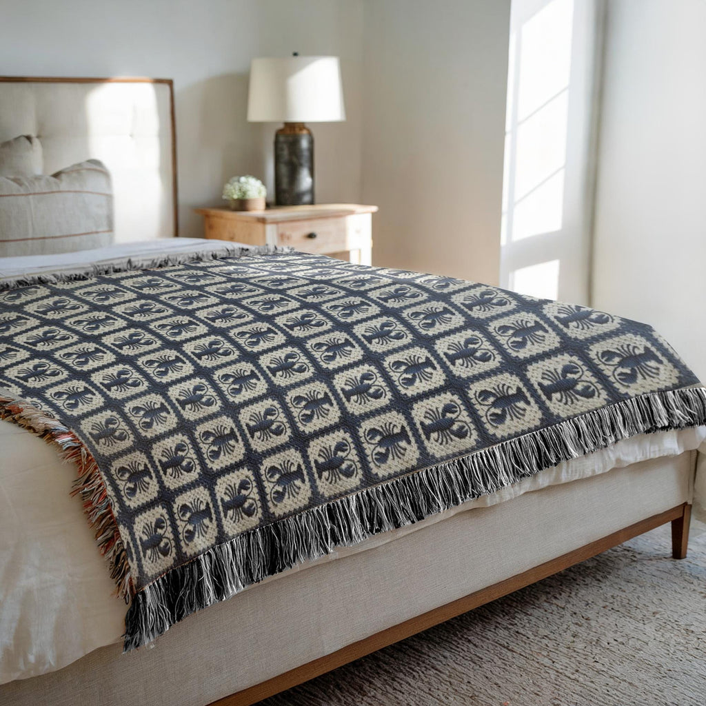 Woven Blue Lobster Granny Square Throw Blanket, Coastal Beach House Decor MADE in the USA