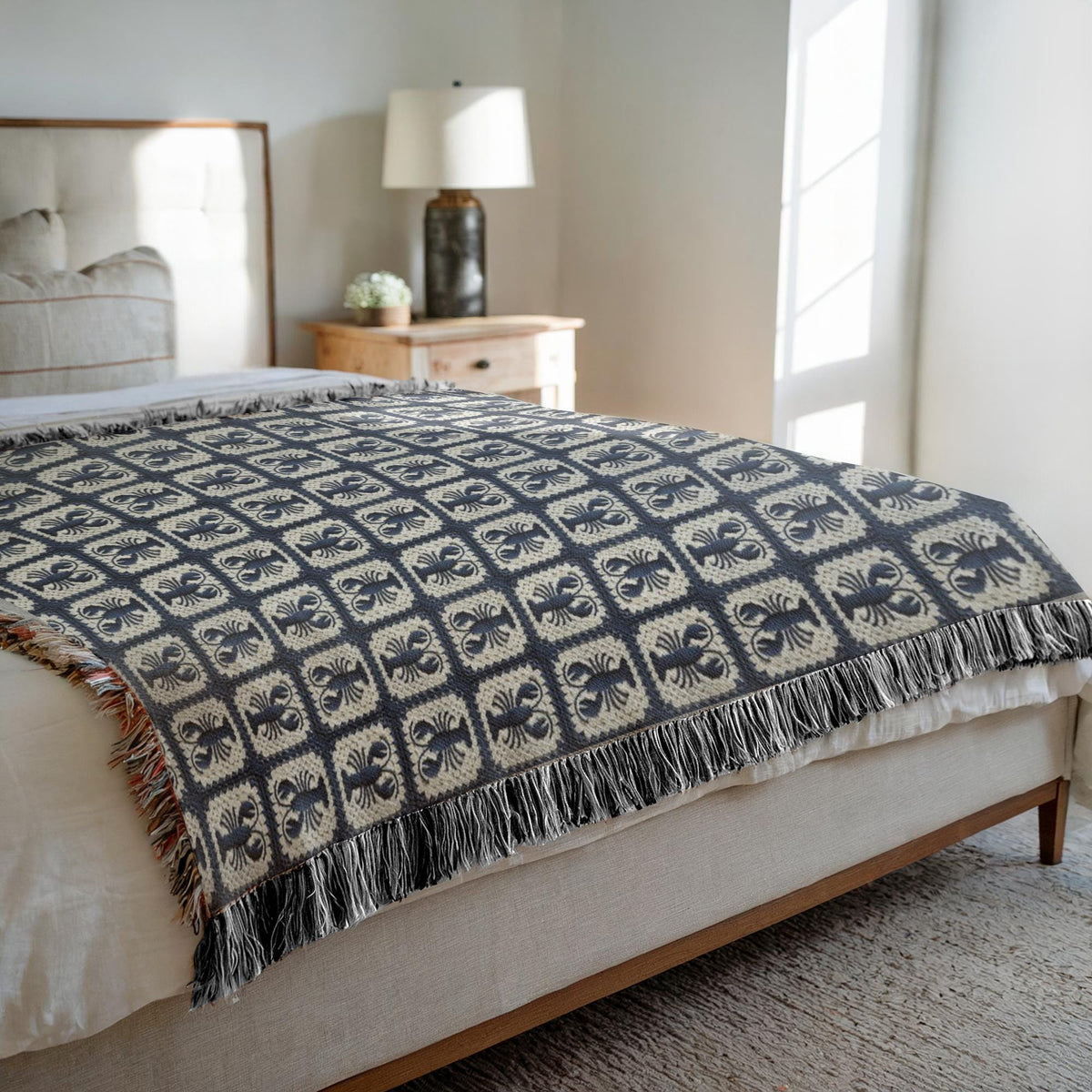 Woven Blue Lobster Granny Square Throw Blanket, Coastal Beach House Decor MADE in the USA