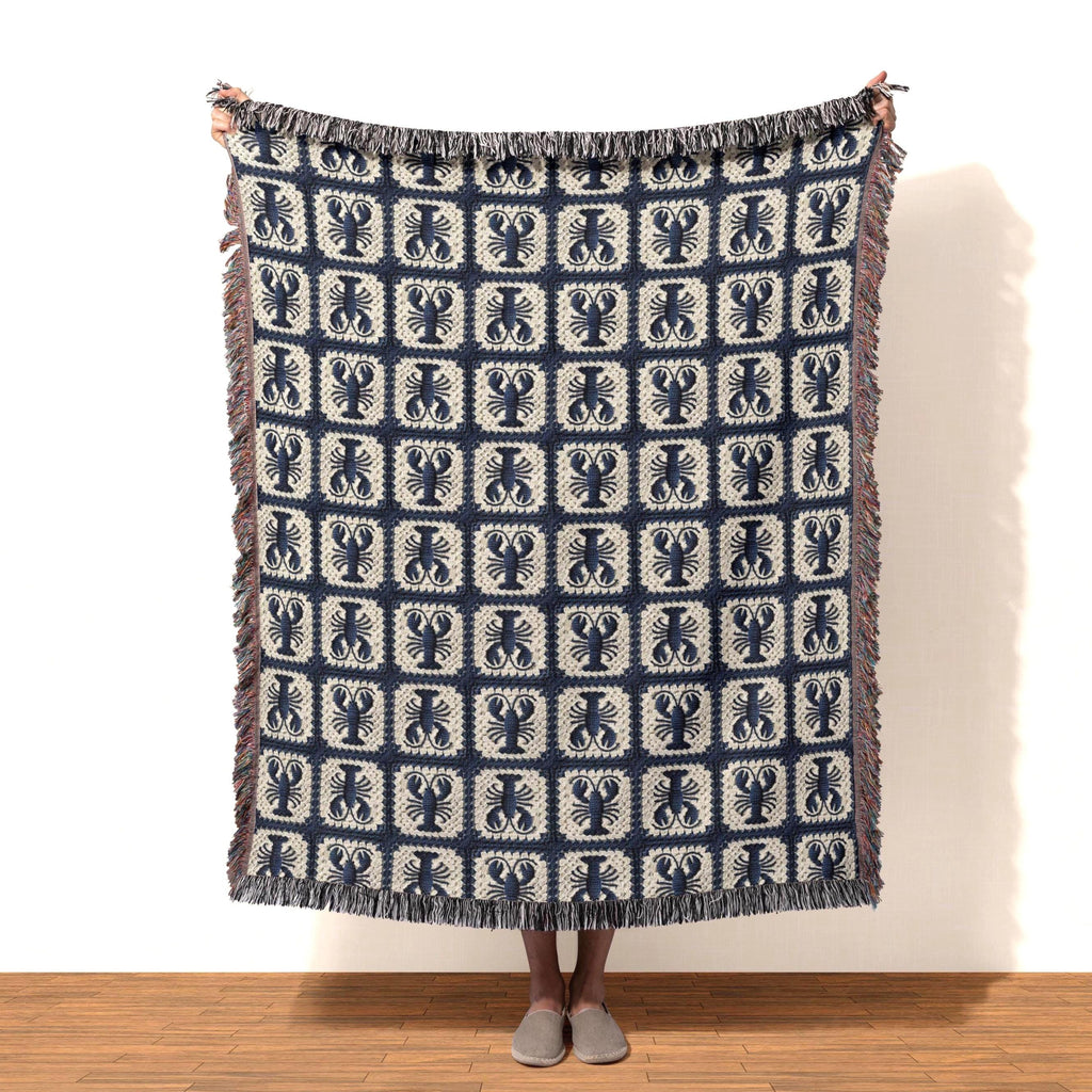 Woven Blue Lobster Granny Square Throw Blanket, Coastal Beach House Decor MADE in the USA