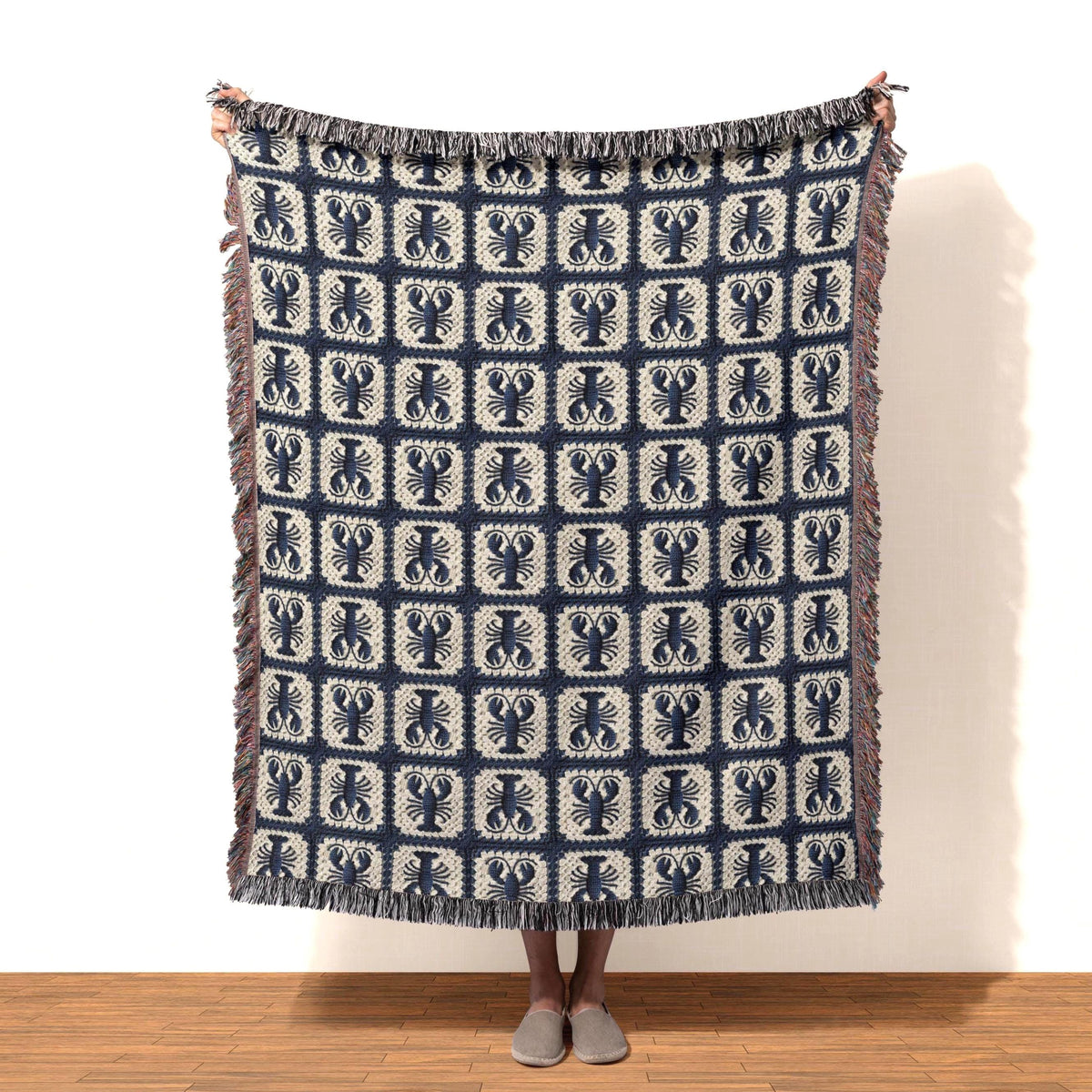 Woven Blue Lobster Granny Square Throw Blanket, Coastal Beach House Decor MADE in the USA
