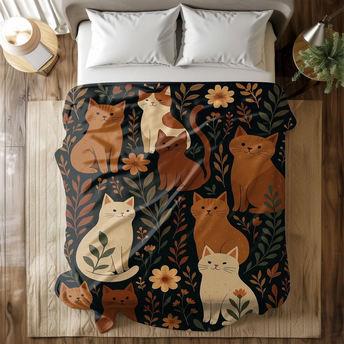 Folk Art Cat Blanket Fleece Flannel Throw – Earthy Floral Cat Decor – Cozy Soft Kitty Blanket – Cute Gift for Cat Lover – Fall Couch Throw