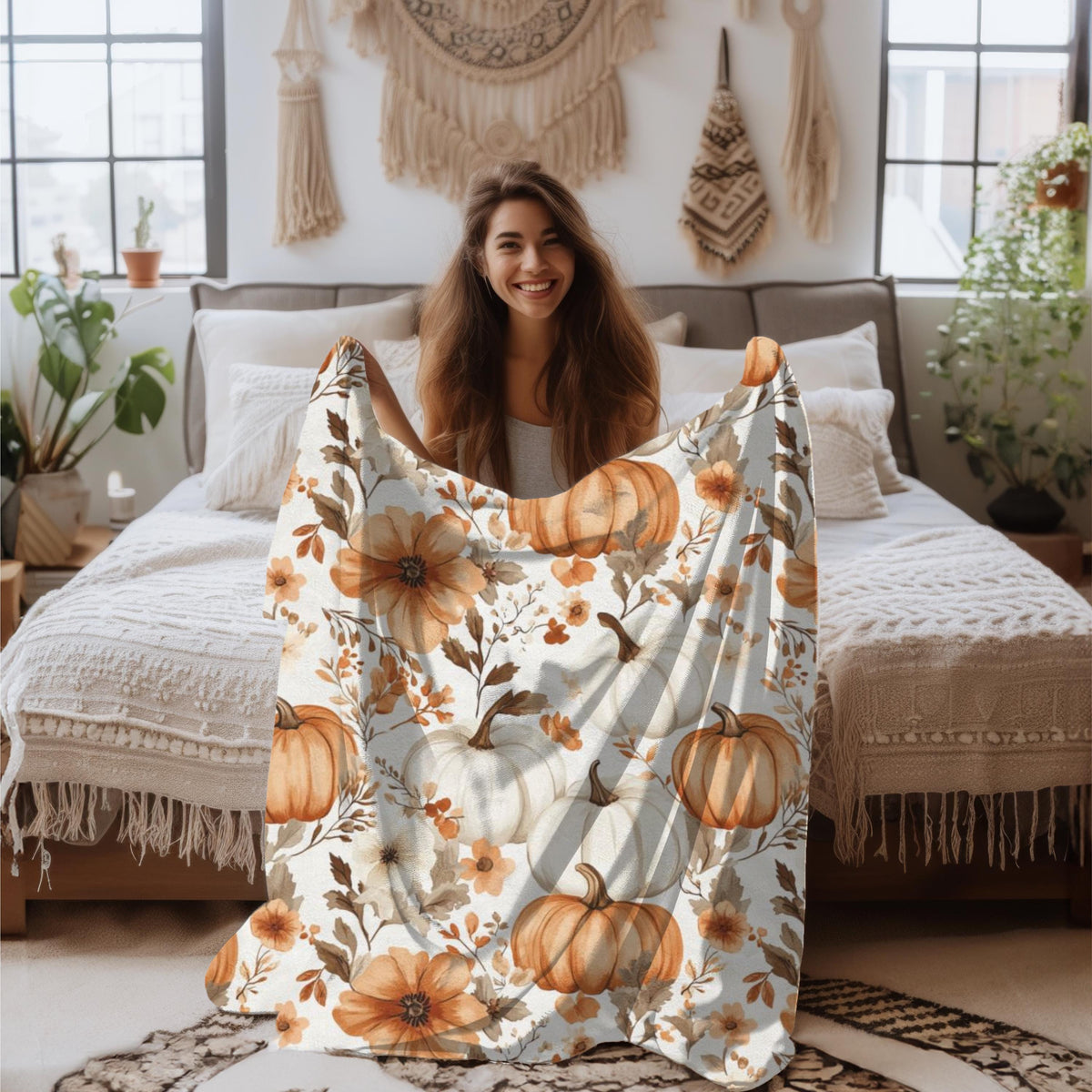Whimsy Pumpkin Blanket Fall Throw, Cozy Autumn Floral Plush Blanket, Pumpkin Spice Home Decor, Cottagecore Pumpkin Cozy Season Throw Blanket