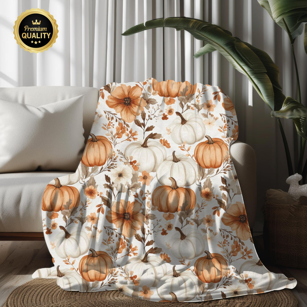 Whimsy Pumpkin Blanket Fall Throw, Cozy Autumn Floral Plush Blanket, Pumpkin Spice Home Decor, Cottagecore Pumpkin Cozy Season Throw Blanket