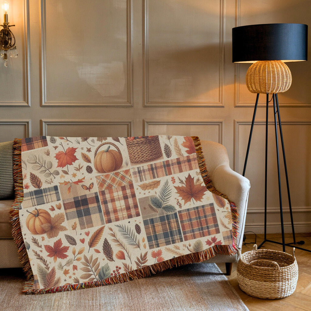 Fall Plaid Patchwork Woven Throw Blanket, Fall Pumpkin Blanket, Cozy Fall Blanket, Plaid Sofa Throw, Fall Aesthetic Home Decor, Rustic Fall