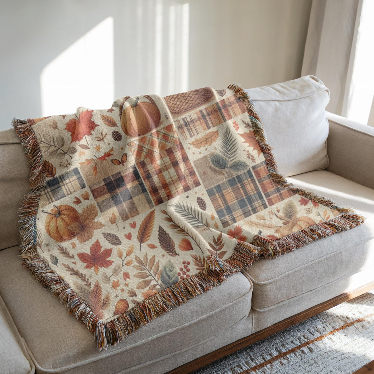 Fall Plaid Patchwork Woven Throw Blanket, Fall Pumpkin Blanket, Cozy Fall Blanket, Plaid Sofa Throw, Fall Aesthetic Home Decor, Rustic Fall