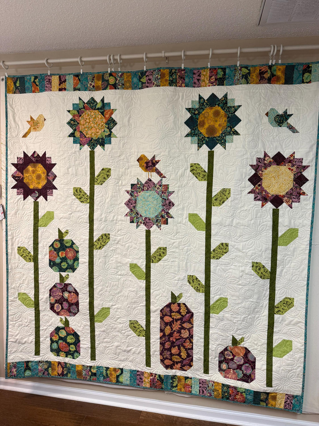 Fall Sunflower Fields Handmade Quilt Bedding Throw Blanket Pumpkins Birds