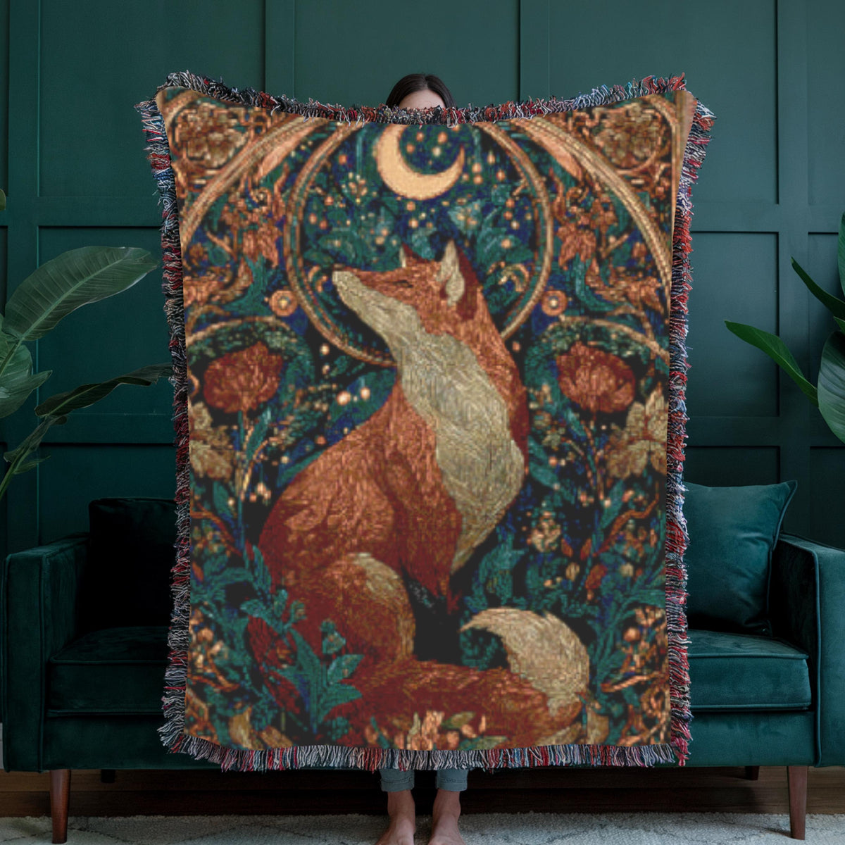 Celestial Fox 100% Cotton Woven Throw Blanket, Enchanted Forest Animal Tapestry, Whimsical Cottagecore Decor