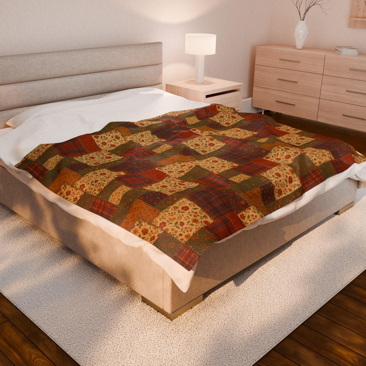 Lightweight Printed Patchwork Plush Blanket, Fall Quilt Style Throw, Rustic Autumn Plaid Floral Blanket, Cozy Farmhouse Thanksgiving Decor